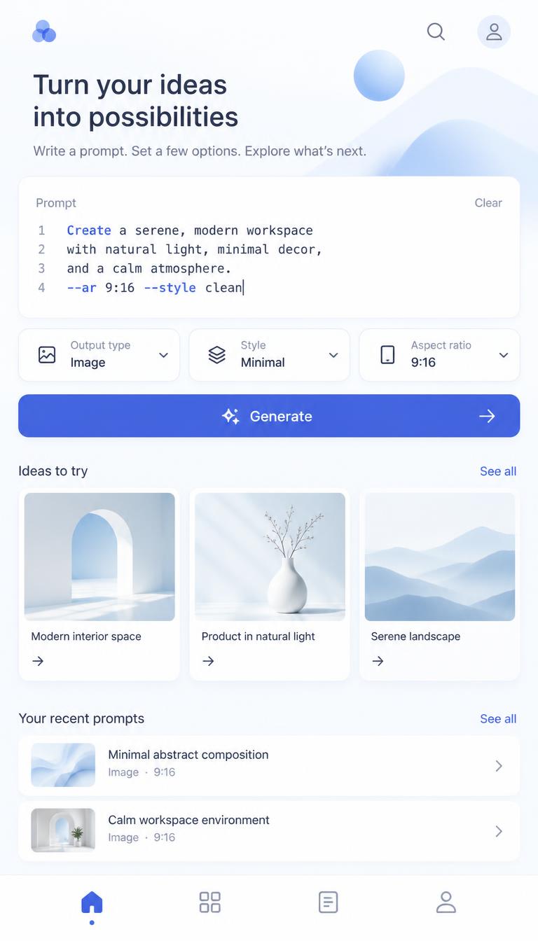 Light-mode AI prompt workspace with an indigo action button